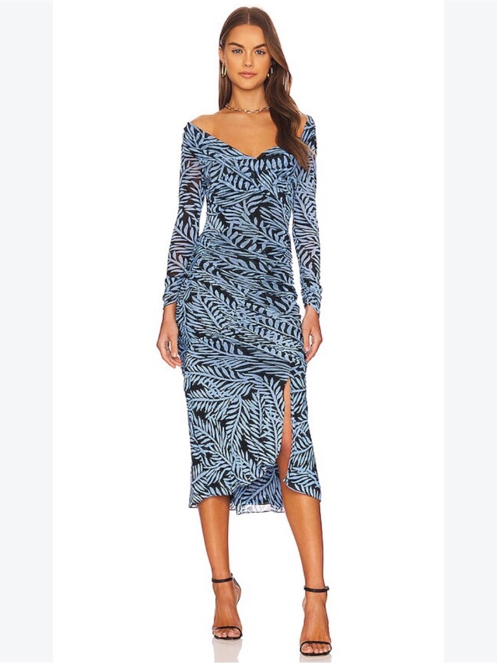 Diane von Furstenberg Ganesa Ruched Mesh Off Shoulder Midi Dress XS Blue Black